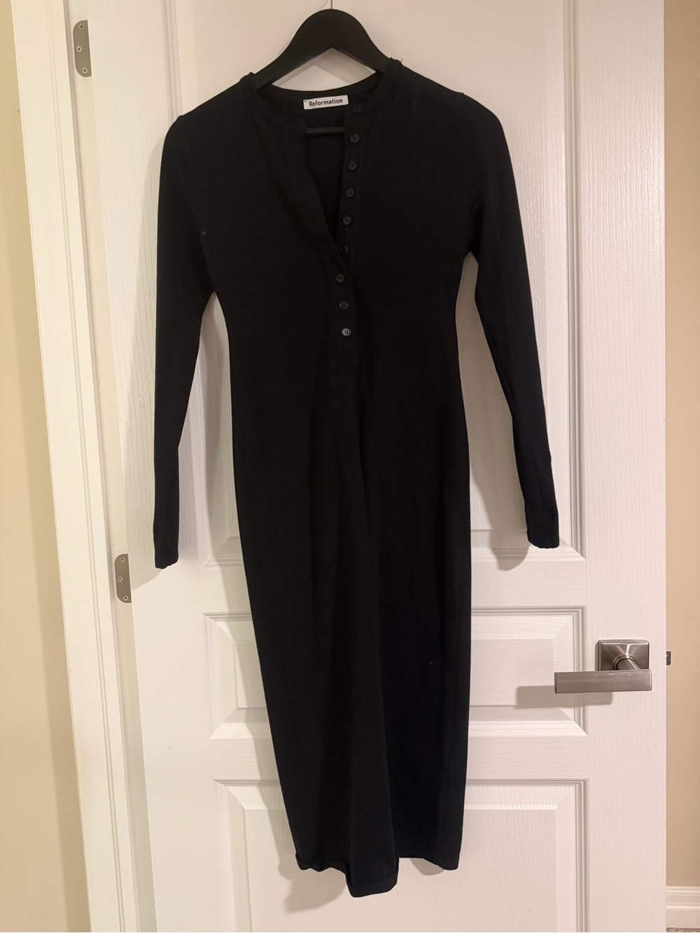 Reformation Black Long-Sleeve Button-Front Midi Dress